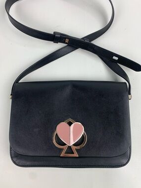 kate spade Black Leather Crossbody with Pink Heart Spade Accent Nicola Twistlock